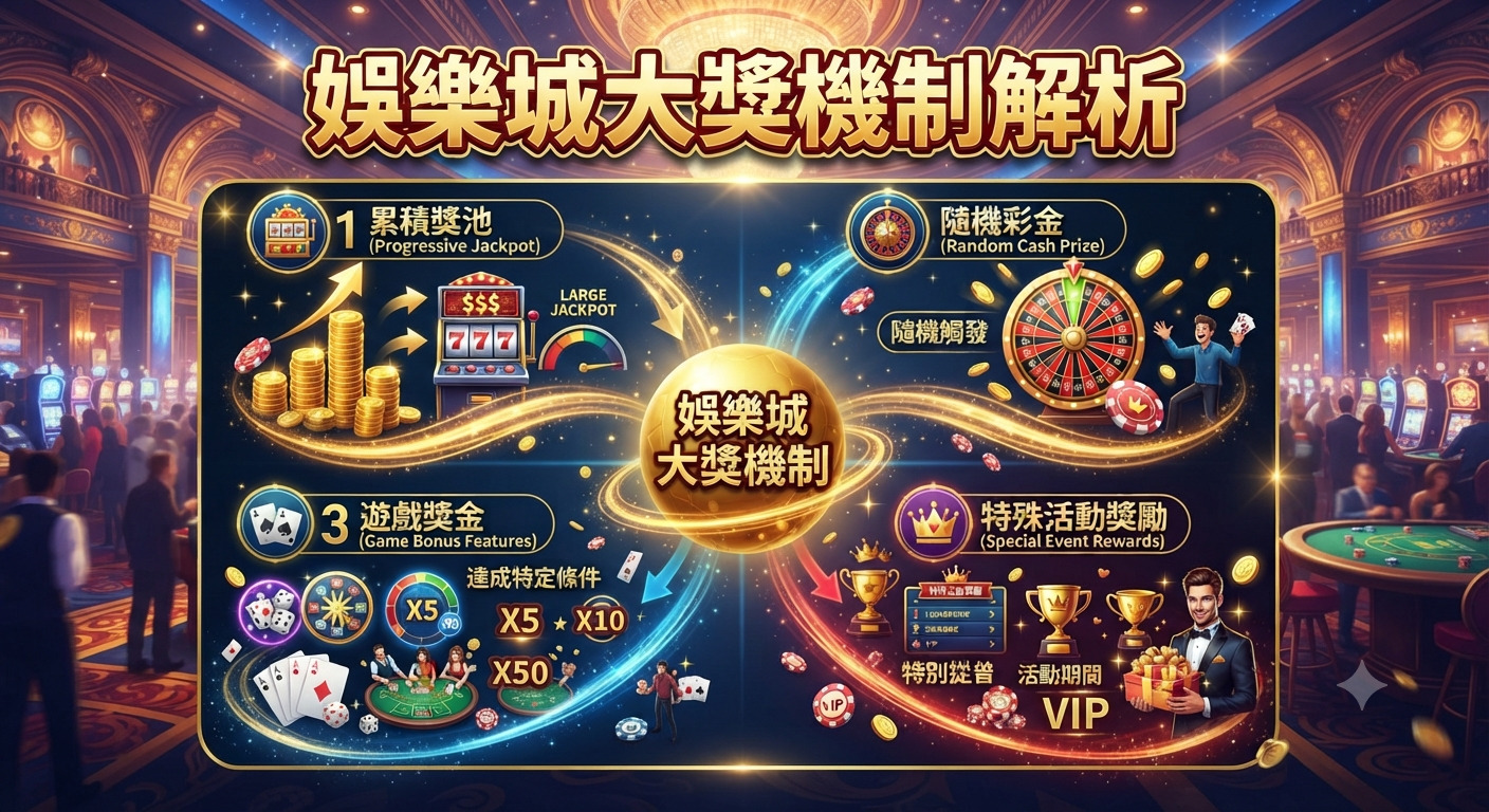 這是一張展示「娛樂城大獎機制解析」的資訊圖表,背景為奢華的賭場環境。 圖中詳細解析了累積獎池、隨機彩金、遊戲獎金及特殊活動獎勵四大核心機制。