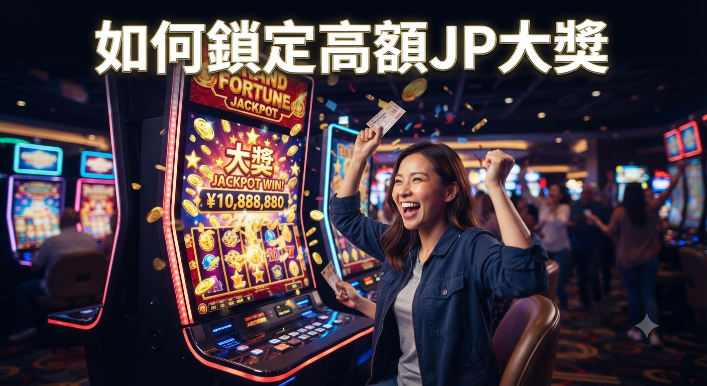 這張圖片展示了一位女子在賭場贏得鉅額累積獎金(JP)的興奮瞬間。 老虎機螢幕顯示著大獎金額,上方並醒目地標示著「如何鎖定高額JP大獎」的標題。