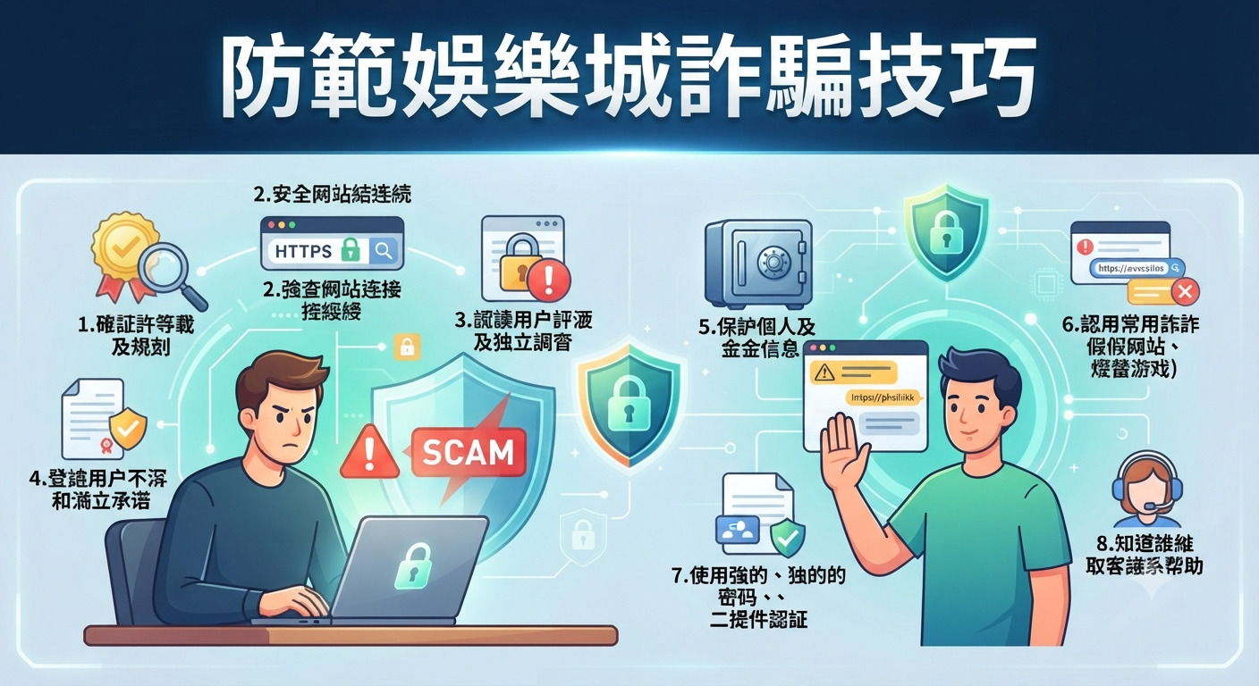 這張圖片標題為「防範娛樂城詐騙技巧」。 透過圖像化方式呈現多項安全策略,教導使用者如何識別詐騙並保護個人資訊與帳戶安全。