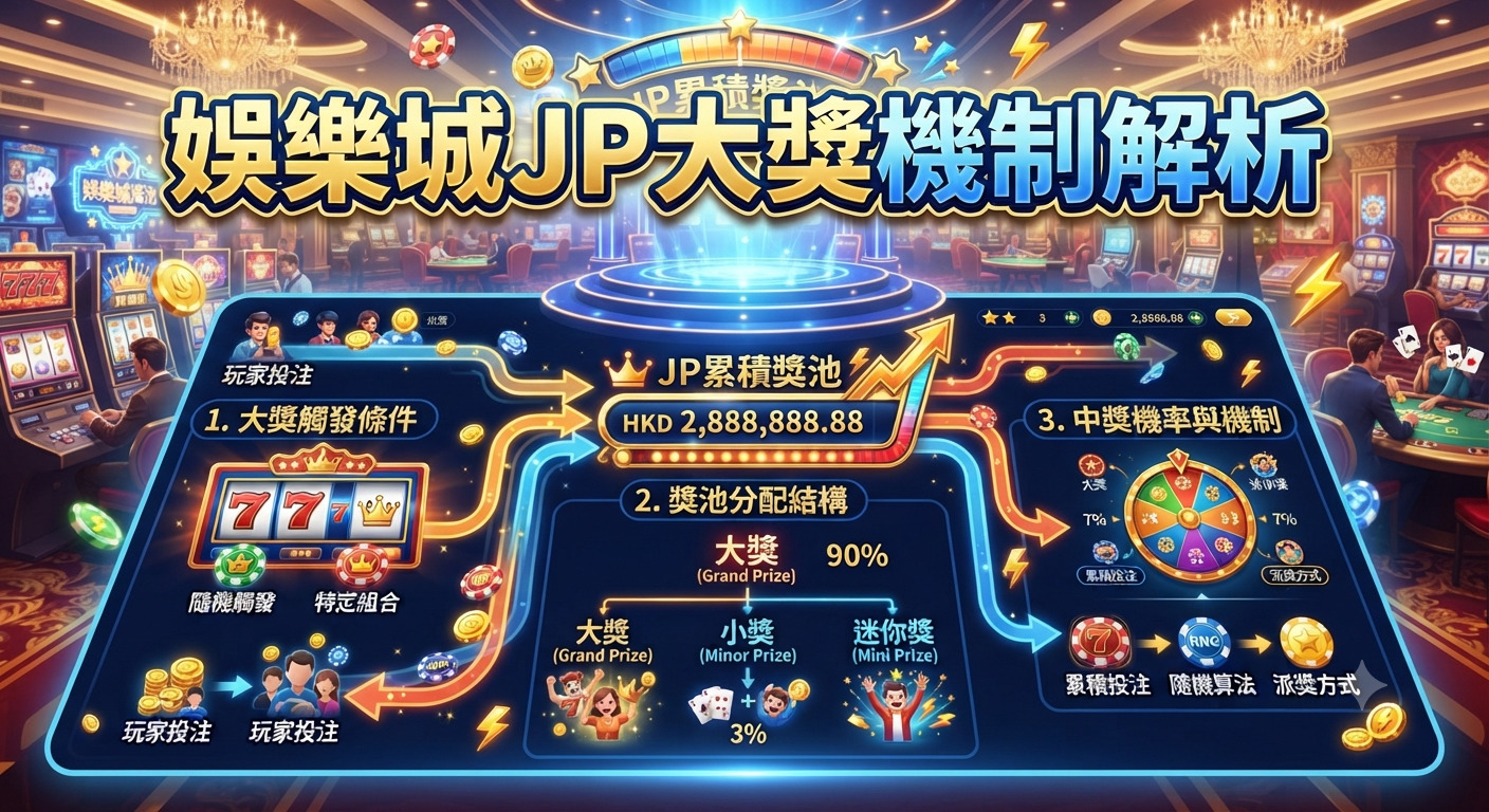 這張圖片以華麗的娛樂城為背景,展示了「娛樂城JP大獎機制解析」的視覺圖表。 圖表清晰地解構了大獎觸發條件、獎池分配結構以及中獎概率與機制,設計專業且引人注目。