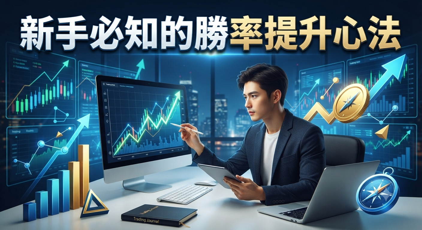 這張圖片展示了一位專注的投資者正在分析市場數據,背景為充滿科技感的金融圖表。 標題「新手必知的勝率提升心法」清晰地呈現於頂部,突顯了投資學習的核心主題。