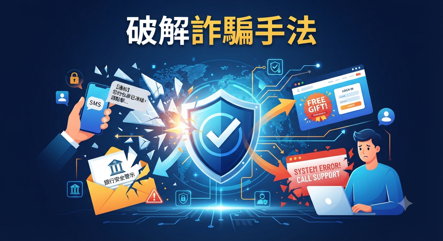 這張圖片呈現了對抗詐騙的防禦概念,上方標題為「破解詐騙手法」。 畫面結合盾牌與數位安全元素,展現防範網路釣魚、偽冒簡訊與系統錯誤等詐騙威脅的意象。