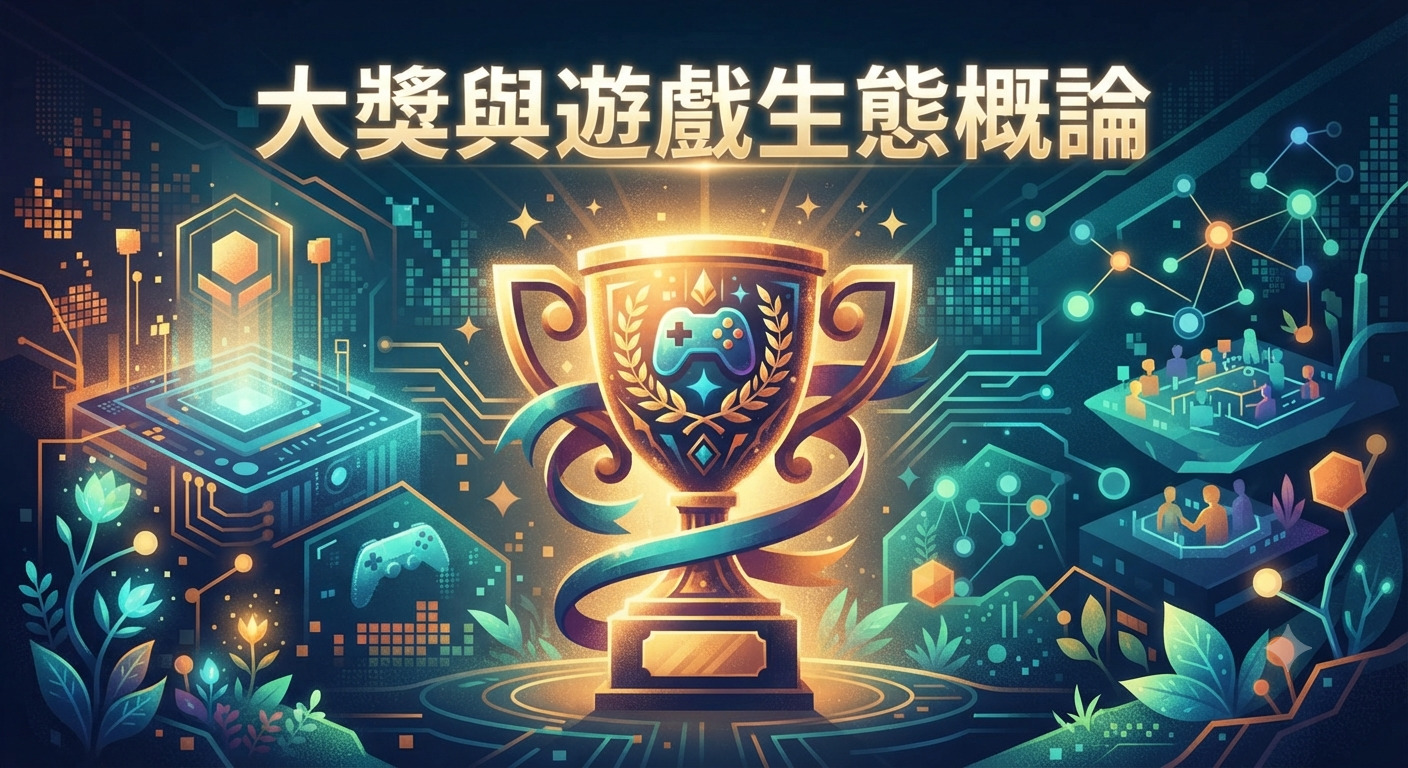 這張圖片以發光的獎盃為中心，象徵遊戲產業的榮耀與成就。 背景融合了數位電路與生機盎然的元素，呈現出遊戲生態系統的廣度與活力。