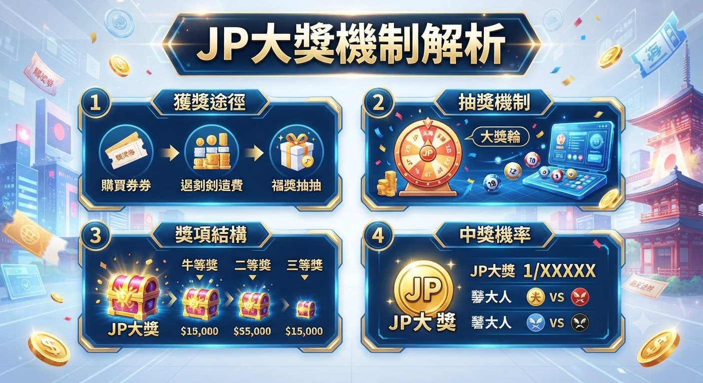 這是一張關於「JP大獎機制解析」的資訊圖表,採用科技感與遊戲風格設計。 圖中將大獎運作機制分為四個區塊,呈現了獲獎途徑、抽獎流程、獎項結構與中獎機率的詳細說明。