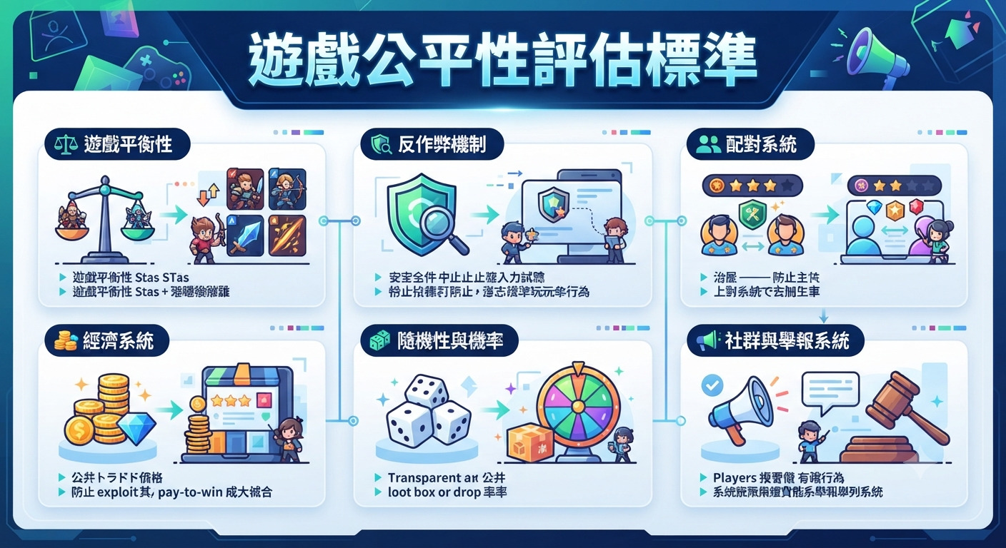 這是一張關於「遊戲公平性評估標準」的資訊圖表,透過六大核心面向(如配對系統、經濟系統與反作弊機制)進行視覺化分析。 圖表採用清晰的區塊設計與圖示,旨在呈現確保遊戲環境公正、透明且具備平衡性的關鍵評估指標。