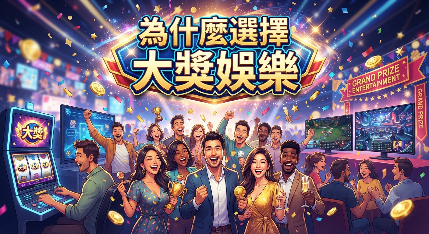 這張圖片展示了一群人在充滿慶祝氛圍的娛樂場所中歡聚,背景設有老虎機與螢幕,象徵著中獎的喜悅與互動。 標題「為什麼選擇大獎娛樂」置於畫面正上方,凸顯了該品牌帶給玩家的興奮體驗與歡樂聚會的特色。
