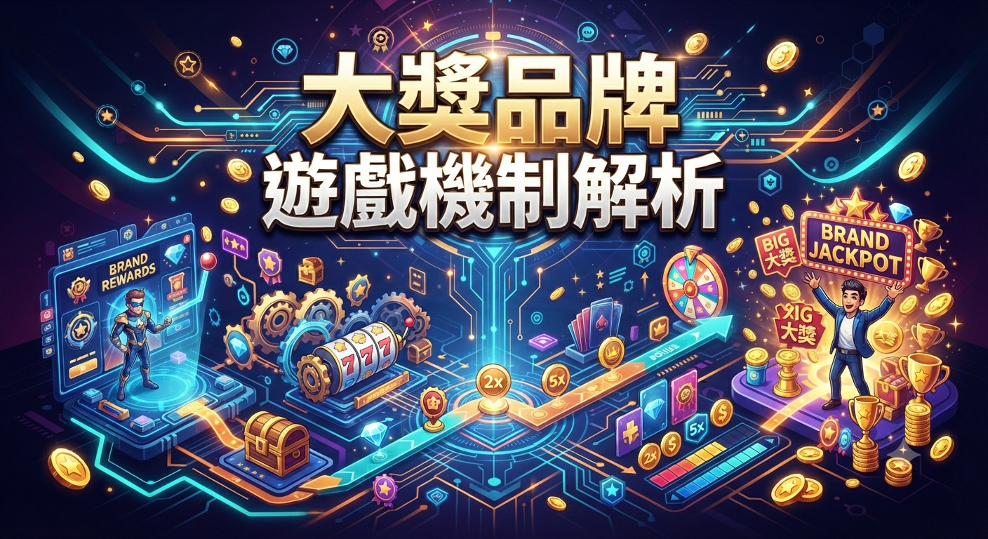 這是一張充滿科技感的插圖,展示了結合老虎機與獎勵機制的遊戲系統。 畫面以「大獎品牌遊戲機制解析」為核心標題,並以數位電路風格營造出動態的獎勵路徑與視覺特效。