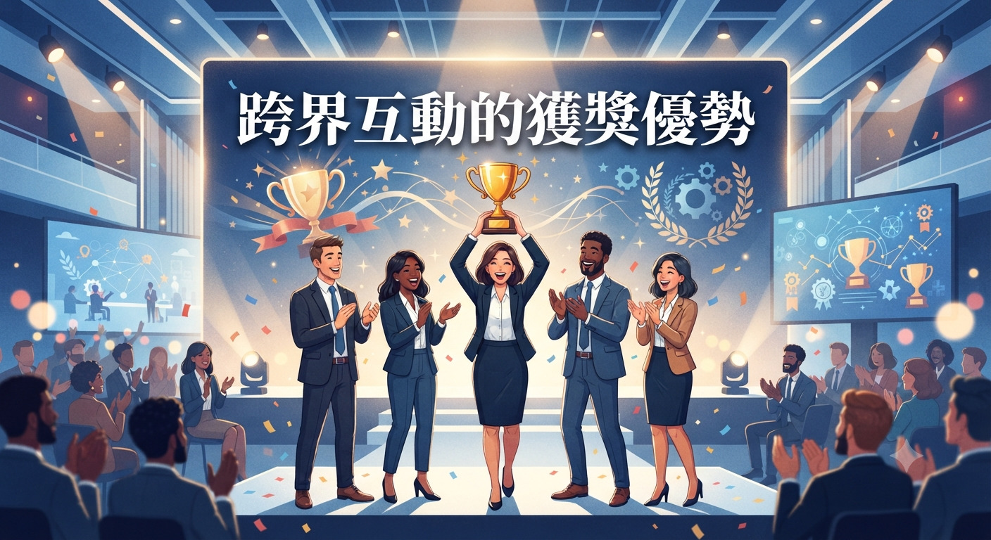 這張圖片呈現了一個頒獎典禮的場景,一群專業人士在舞台上慶祝跨界合作所獲得的成就。 背景大螢幕上清楚地展示了「跨界互動的獲獎優勢」這一主題,象徵著團隊協作的成功與榮譽。
