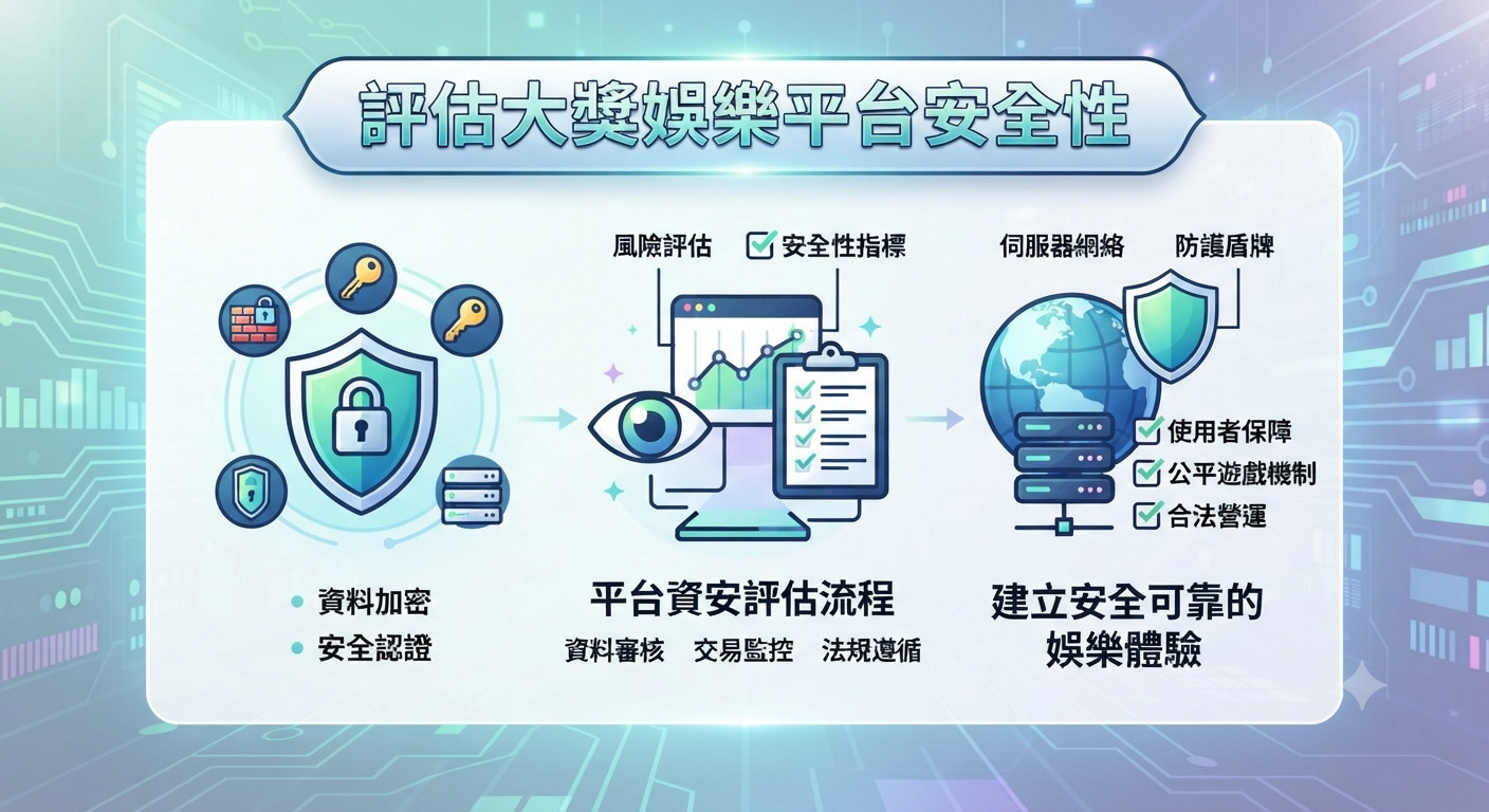 這是一張關於「評估大獎娛樂平台安全性」的資訊圖表,以科技感的藍色為主色調。 圖中展示了資料加密、風險評估流程及建立可靠娛樂體驗的核心安全指標。