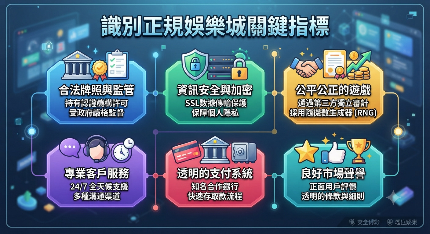 這張圖表列出了識別正規娛樂城的關鍵指標,包含合法牌照、資安防護、公平遊戲、客戶服務、支付系統及市場聲譽。 透過清晰的分類與圖示設計,引導用戶判斷娛樂平台的安全性與專業性。