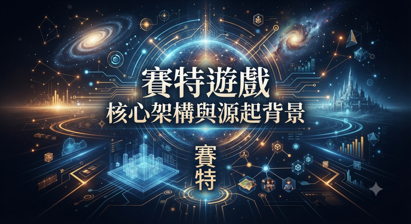 這是一張以「賽特遊戲核心架構與源起背景」為主題的科技感圖片。 畫面融合了宇宙星空、電路圖案與遊戲架構圖,並在正中央醒目地呈現了該標題文字。