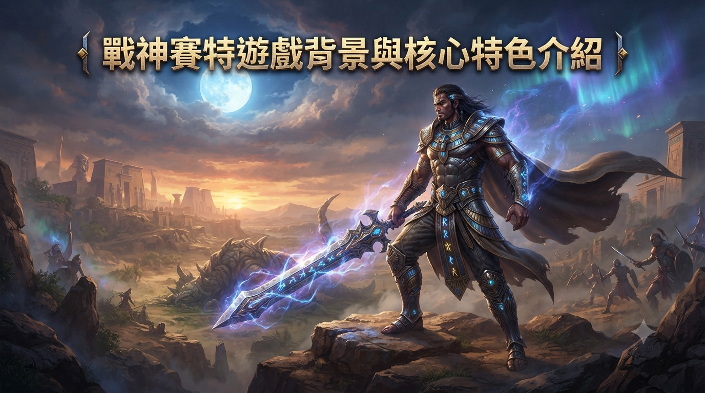 這是一張以「戰神賽特」遊戲為主題的精美宣傳插畫。 畫面正上方清晰顯示著繁體中文標題，突顯遊戲的奇幻背景與核心特色。