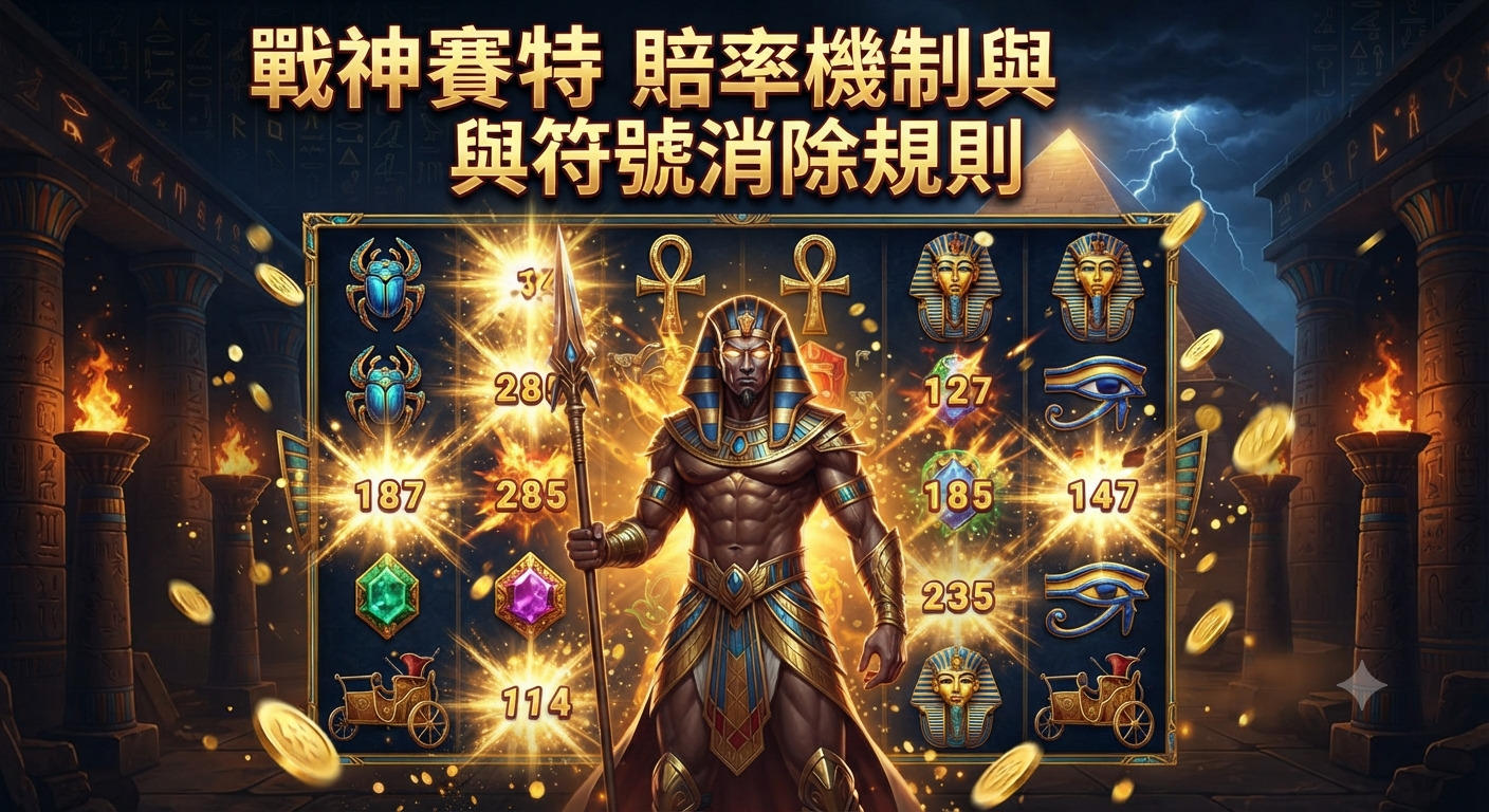 這是一張以埃及戰神賽特為主題的老虎機遊戲視覺圖。 畫面中央展示了遊戲的角色、賠率機制與符號消除的精美特效。