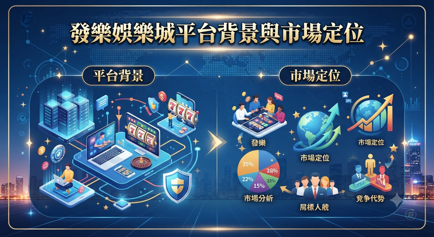 這張圖片展示了「發樂娛樂城平台背景與市場定位」的主題,背景採用具現代科技感的藍色調與數據線條設計。 畫面中結合了伺服器、數位設備、市場分析圖表以及全球化圖標,突顯出平台的數位基礎建設與市場戰略佈局。