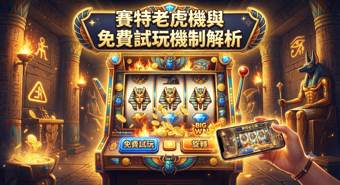 這是一張以古埃及神話為主題的老虎機遊戲宣傳圖，畫面中融合了金色寶藏、法老圖騰以及免費試玩機制的元素。 頂端醒目地展示著標題文字「賽特老虎機與免費試玩機制解析」，營造出濃厚且神祕的冒險氛圍。