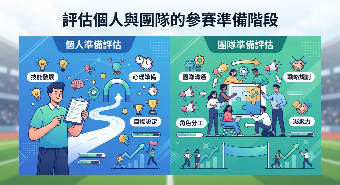 圖片以「評估個人與團隊的參賽準備階段」為標題,左右兩側分別以藍綠色調對比呈現個人與團隊在準備過程中的技能發展、目標設定及溝通分工等評估重點。