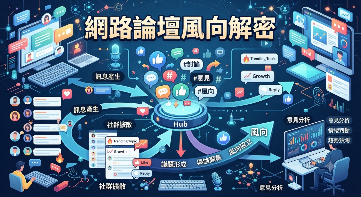 這張圖片以科技感藍色為主調，呈現網路論壇風向解密的數據流向與分析過程。 畫面正上方醒目地展示了繁體中文標題「網路論壇風向解密」。