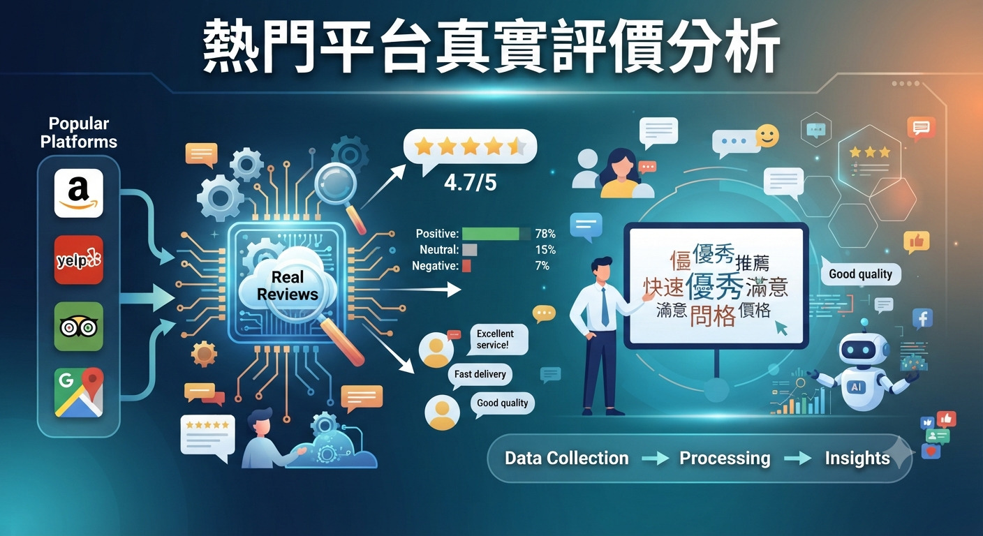 這張圖片展示了熱門平台真實評價分析的視覺化圖表，結合了數據收集、處理與分析洞察的科技感元素。 畫面中呈現了評分系統、關鍵字文字雲以及演標圖示，突顯出對使用者回饋與真實評論的專業評估過程。