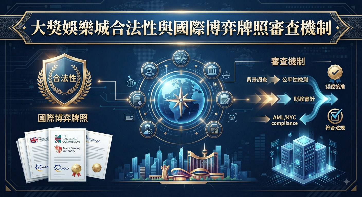 圖片展示了大獎娛樂城的合法性與國際博弈牌照審查機制。 畫面呈現了審查流程、相關證照與國際法規遵循的視覺化圖解。