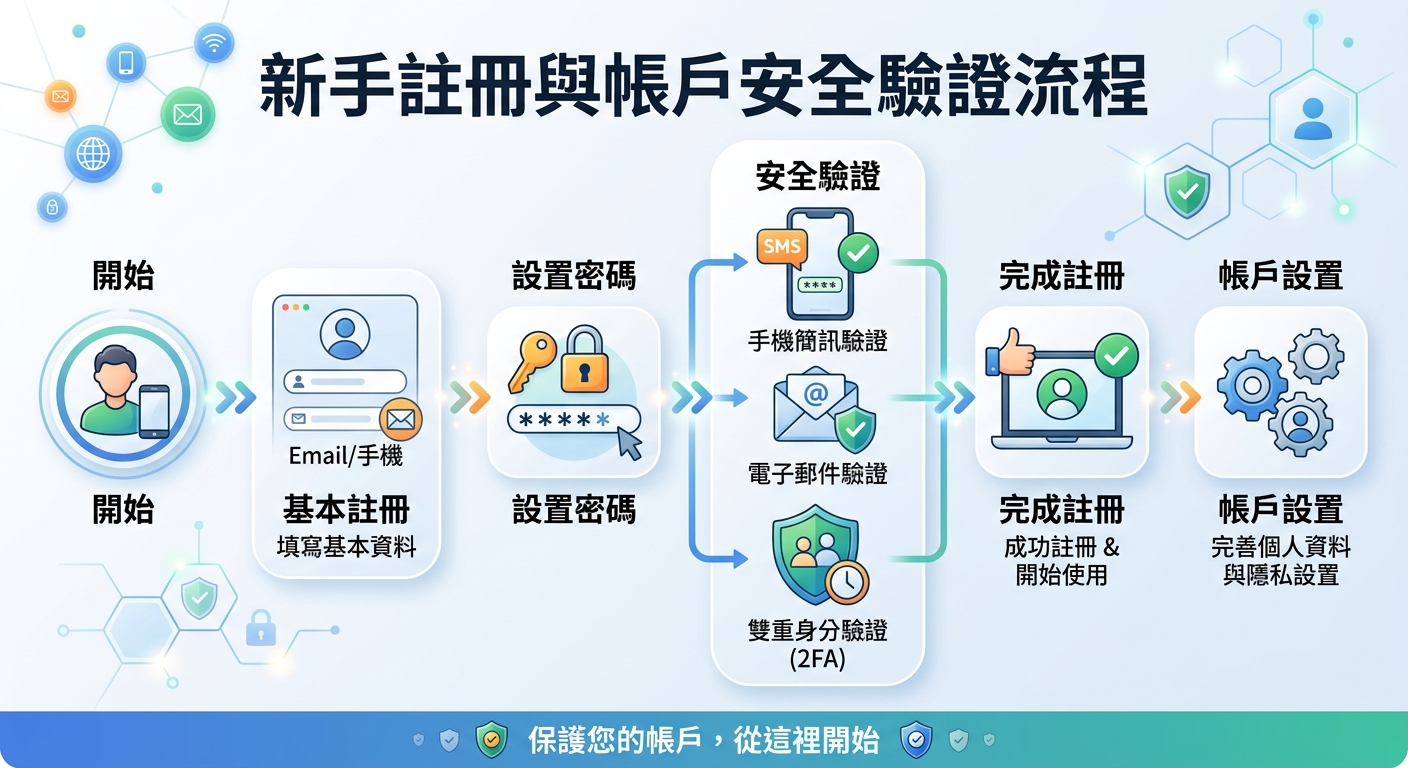這張資訊圖表採用現代科技感的藍綠色調設計,頂部標有醒目的標題「新手註冊與帳戶安全驗證流程」。 畫面透過簡約的圖示與箭頭流程,清晰展示從基本資料填寫、密碼設定到雙重驗證(2FA)與帳戶設置的完整步驟。