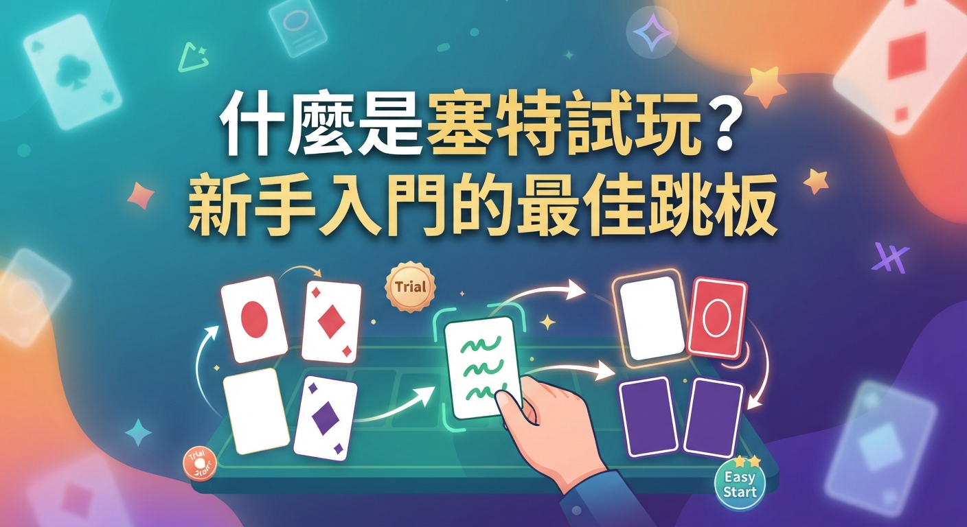 這張圖片以色彩豐富的卡牌桌遊為主題,頂部清晰展示了「什麼是塞特試玩?新手入門的最佳跳板」的核心標題。 畫面融合了遊戲卡牌與互動手勢設計,完美突顯出新手輕鬆上手的試玩概念。
