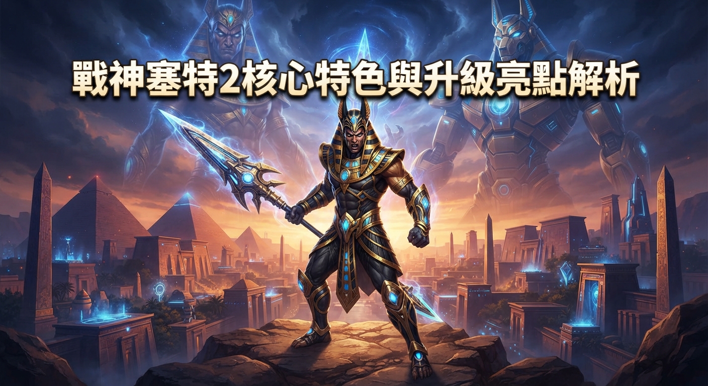 這是一張以埃及戰神塞特為主題的遊戲風格宣傳圖。 畫面正上方清晰標示著「戰神塞特2核心特色與升級亮點解析」的繁體中文標題。
