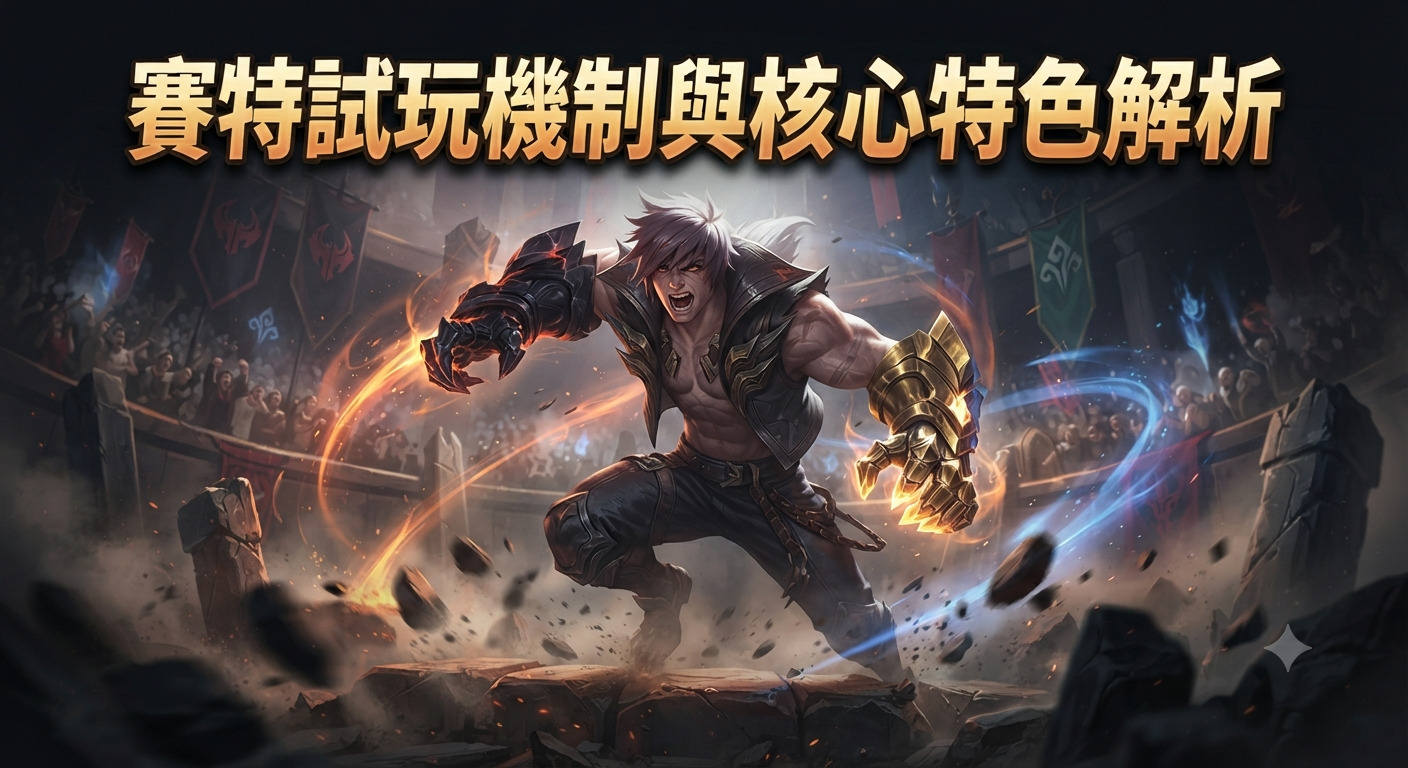 這是一張以《英雄聯盟》英雄賽特為主題的遊戲分析封面圖。 畫面正上方清晰標註了繁體中文標題,背景則是賽特在競技場中展現強悍戰鬥力的動態畫面。